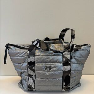 Jessica Simpson Silver Puffer Quilted Duffel Bag with Camouflage Handles